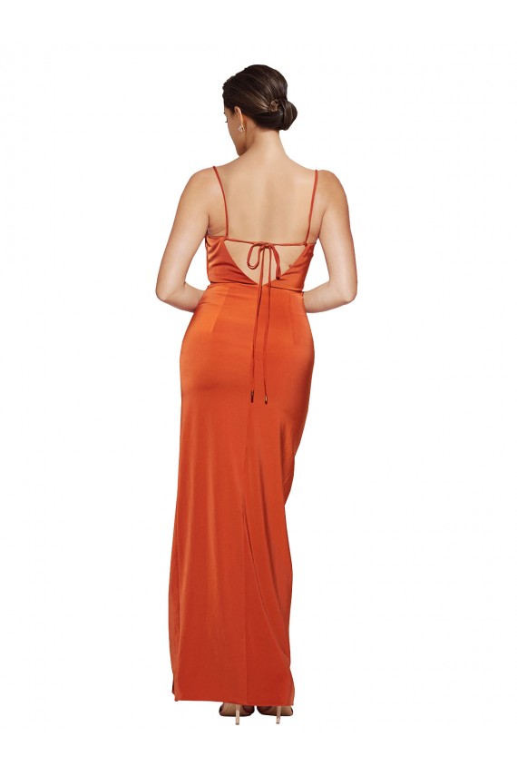 Cheap Sleeveless Cowl Neck Stretch Satin Rust Sweep Train Formal Dress Canada