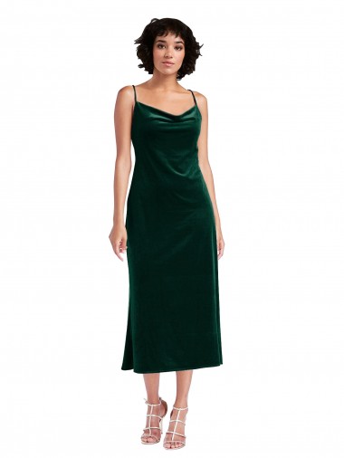 Cheap Sleeveless Cowl Neck Stretch Velvet Dark Green Midi Length Black Tie Formal Dress Canada