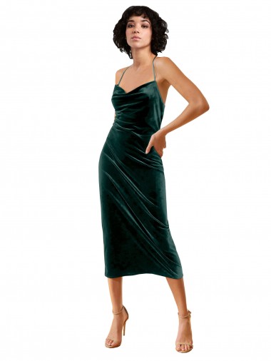 Cheap Sleeveless Cowl Neck Stretch Velvet Dark Green Midi Length Formal Dress Canada