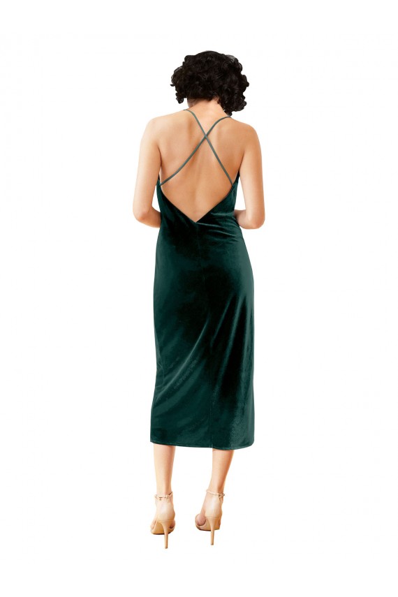 Cheap Sleeveless Cowl Neck Stretch Velvet Dark Green Midi Length Formal Dress Canada