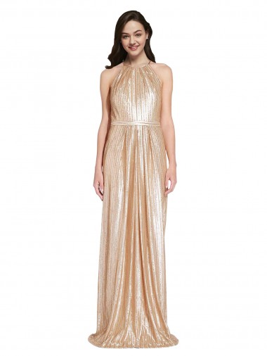 Cheap Sleeveless High Neck Sequin Gold Long Formal Dress Canada
