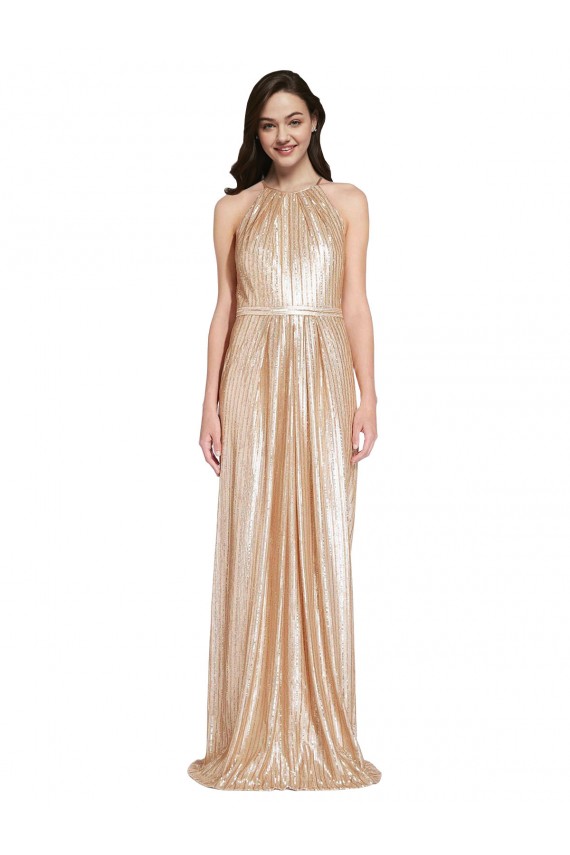 Cheap Sleeveless High Neck Sequin Gold Long Formal Dress Canada