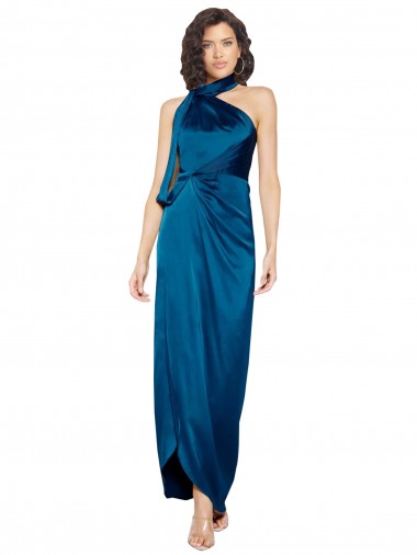 Cheap Sleeveless High Neck Silky Satin Peacock Blue Long Formal Dress Canada