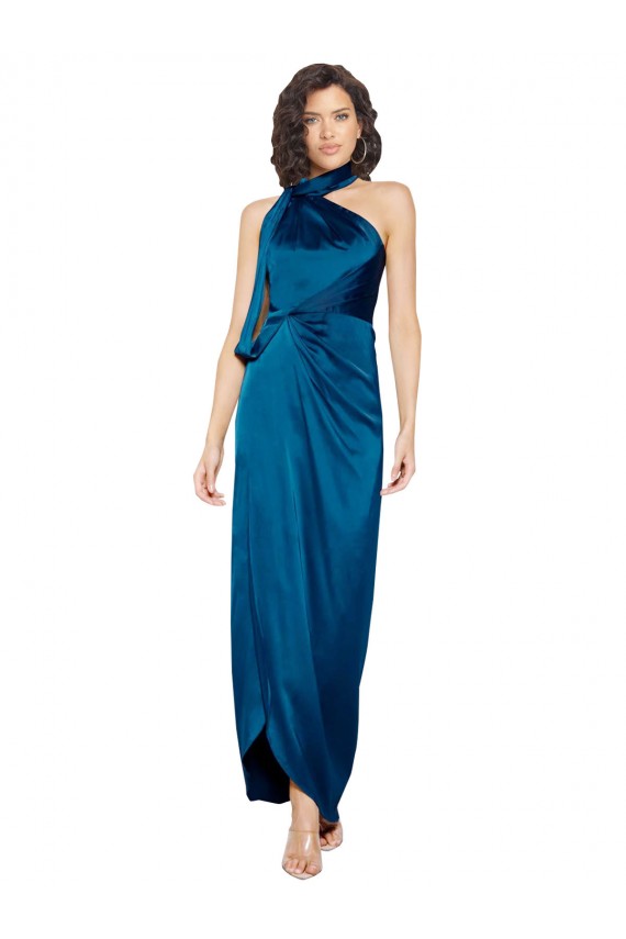 Cheap Sleeveless High Neck Silky Satin Peacock Blue Long Formal Dress Canada
