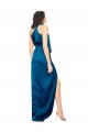 Cheap Sleeveless High Neck Silky Satin Peacock Blue Long Formal Dress Canada