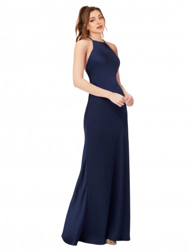 Cheap Sleeveless High Neck Silky Satin Sapphire Sheath Long Formal Dress Canada