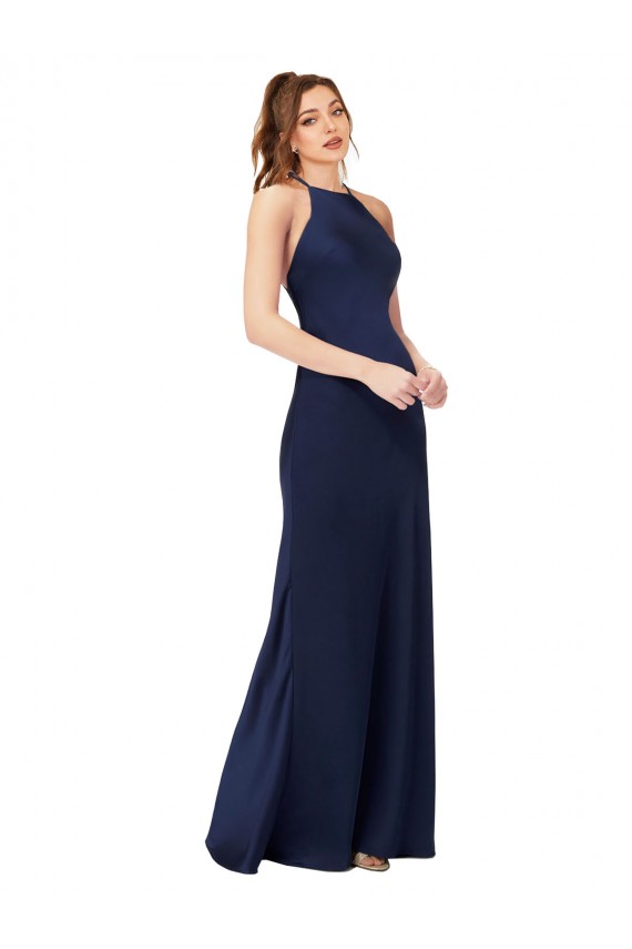 Cheap Sleeveless High Neck Silky Satin Sapphire Sheath Long Formal Dress Canada