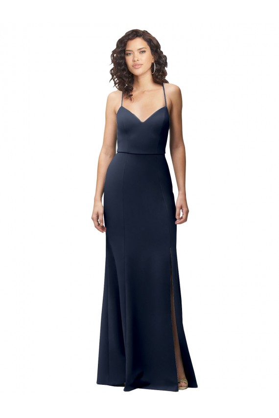 Cheap Sleeveless High Neck Stretch Crepe Dark Navy Long Formal Dresses Canada