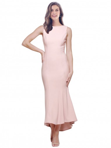 Cheap Sleeveless High Neck Stretch Crepe Pink Midi Length High Low Formal Dress Canada