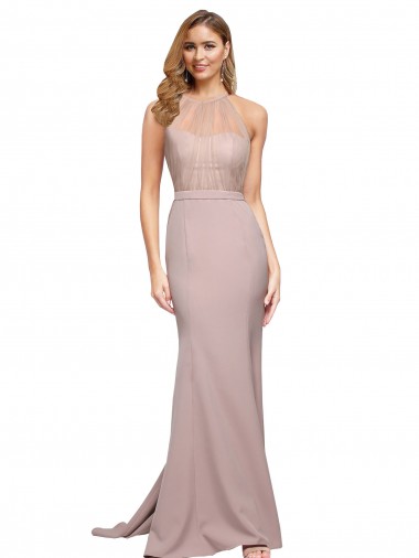 Cheap Sleeveless High Neck Stretch Crepe Dusty Pink Sweep Train Formal Dress Canada