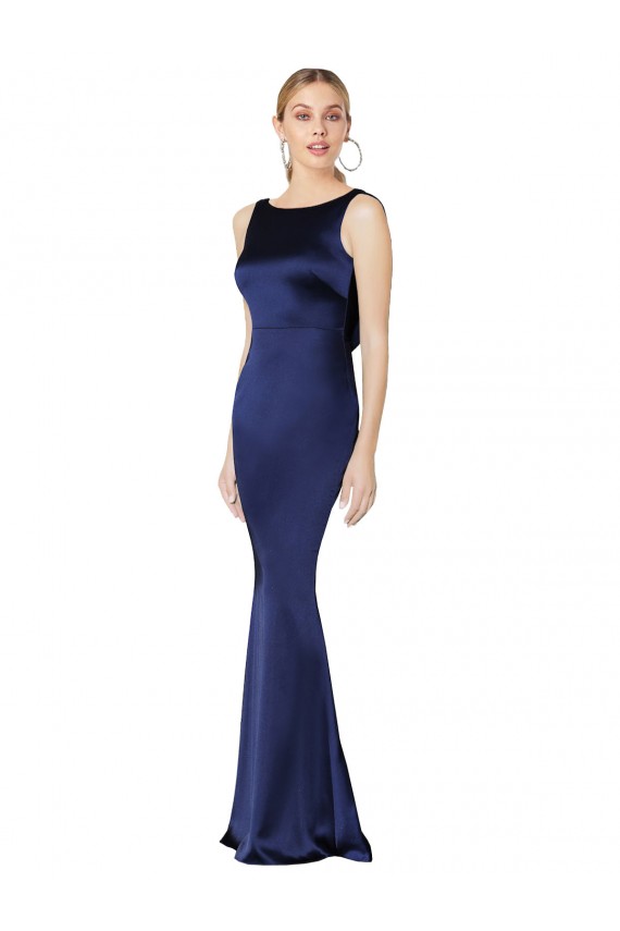 Cheap Sleeveless High Neck Stretch Satin Dark Navy Long Formal Dress Canada