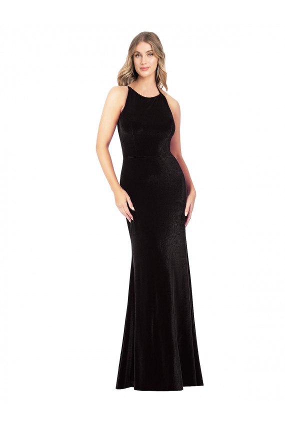 Cheap Sleeveless Jewel Neck Stretch Velvet Black Long Formal Dress Canada