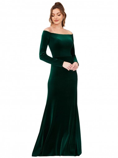 Cheap Long Sleeves Off the Shoulder Stretch Velvet Dark Green Long Formal Dress Canada