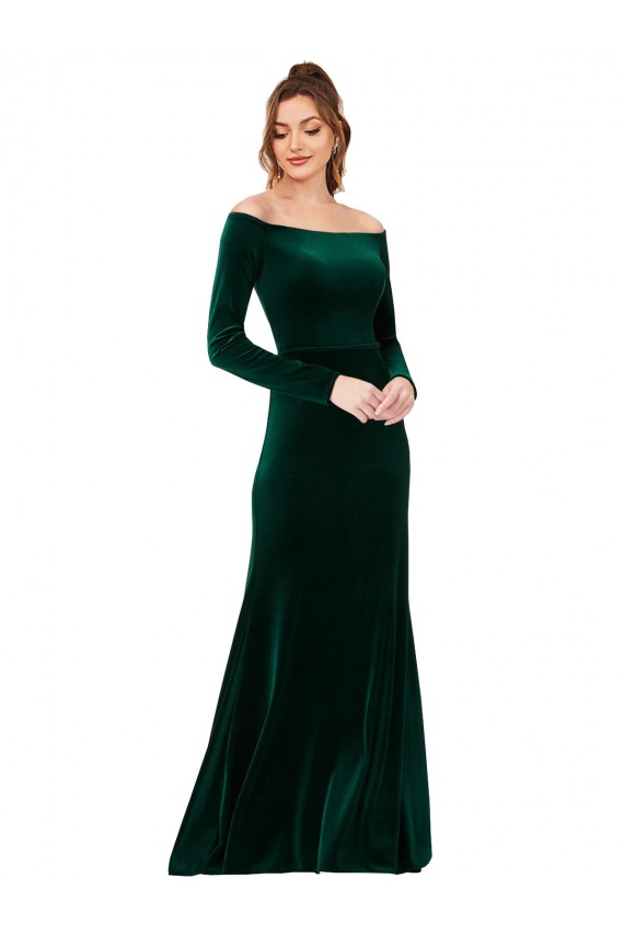 Cheap Long Sleeves Off the Shoulder Stretch Velvet Dark Green Long Formal Dress Canada