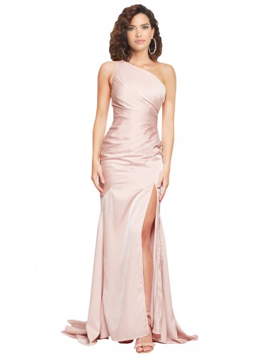 Cheap Sleeveless One Shoulder Silky Satin Pink Long Black Tie Formal Dress Canada