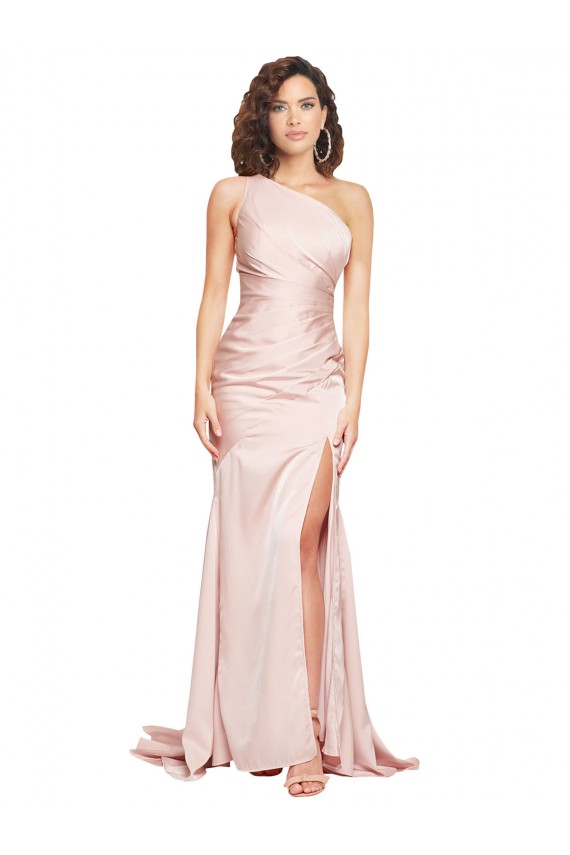 Cheap Sleeveless One Shoulder Silky Satin Pink Long Black Tie Formal Dress Canada