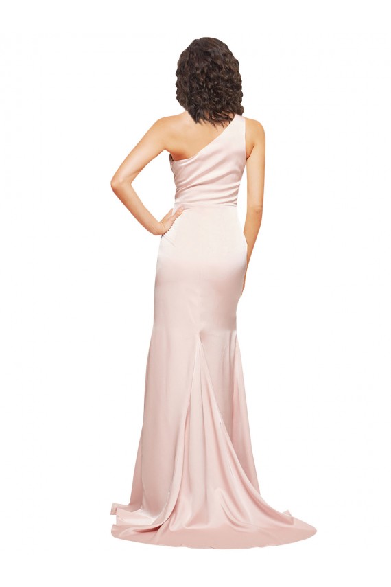 Cheap Sleeveless One Shoulder Silky Satin Pink Long Black Tie Formal Dress Canada