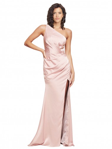 Cheap Sleeveless One Shoulder Silky Satin Pink Long Formal Dress Canada