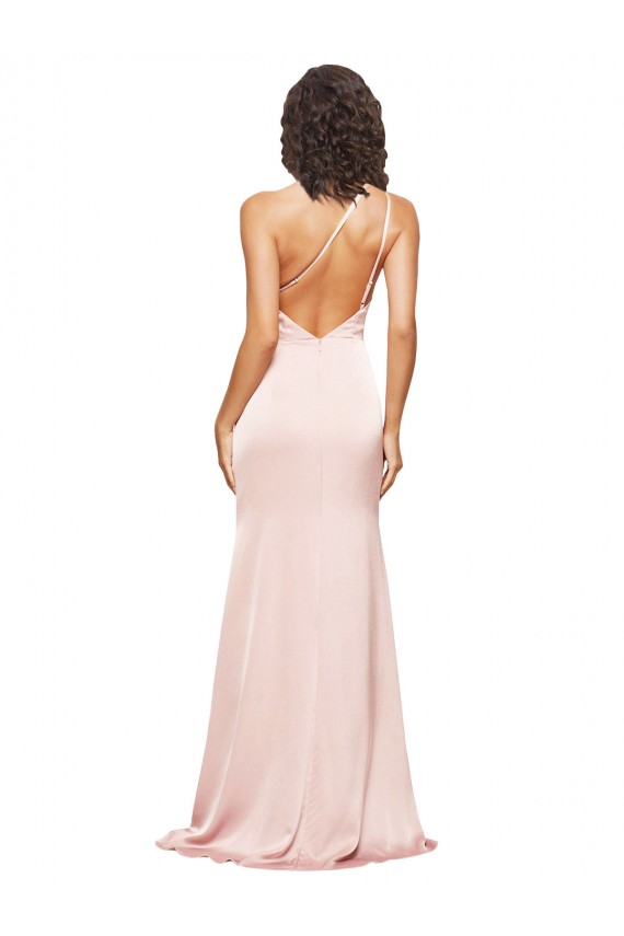 Cheap Sleeveless One Shoulder Silky Satin Pink Long Formal Dress Canada