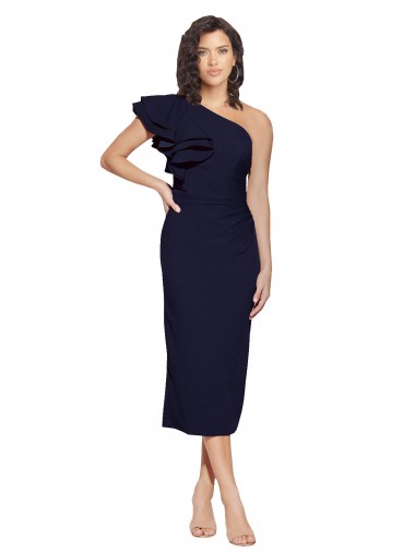 Cheap Sleeveless One Shoulder Stretch Crepe Dark Navy Midi Length Formal Dress Canada