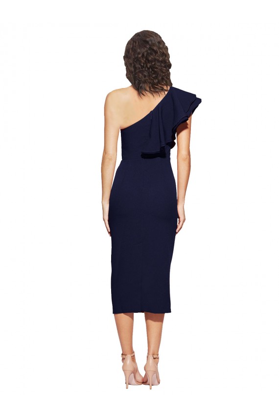 Cheap Sleeveless One Shoulder Stretch Crepe Dark Navy Midi Length Formal Dress Canada