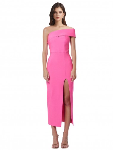 Cheap Sleeveless One Shoulder Stretch Crepe Fuchsia Midi Length Formal Dress Canada