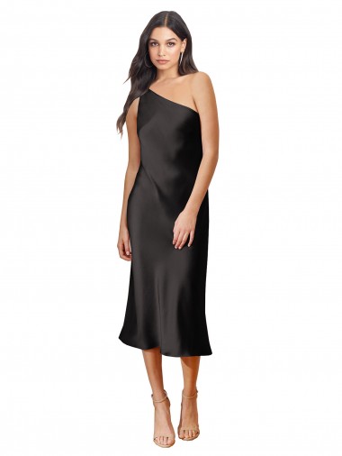 Cheap Sleeveless One Shoulder Stretch Satin Black Midi Length Black Tie Formal Dress Canada