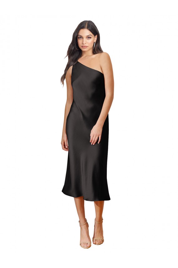 Cheap Sleeveless One Shoulder Stretch Satin Black Midi Length Black Tie Formal Dress Canada