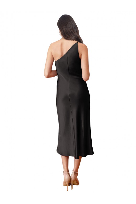 Cheap Sleeveless One Shoulder Stretch Satin Black Midi Length Black Tie Formal Dress Canada