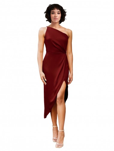 Cheap Sleeveless One Shoulder Stretch Satin Burgundy Midi Length Black Tie Formal Dress Canada