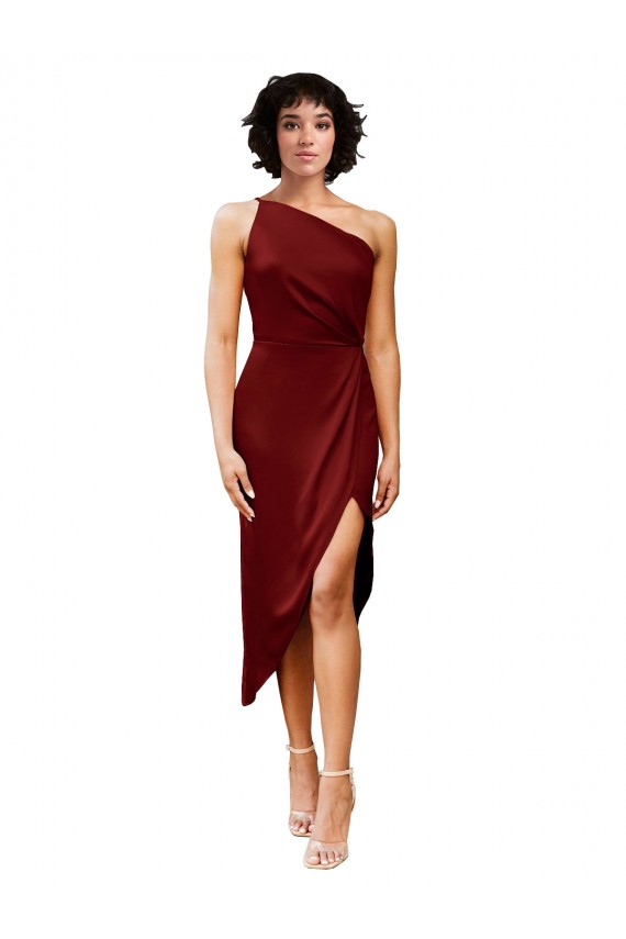 Cheap Sleeveless One Shoulder Stretch Satin Burgundy Midi Length Black Tie Formal Dress Canada