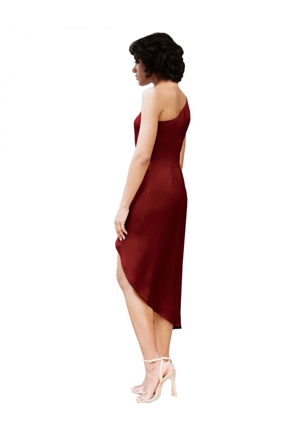 Cheap Sleeveless One Shoulder Stretch Satin Burgundy Midi Length Black Tie Formal Dress Canada