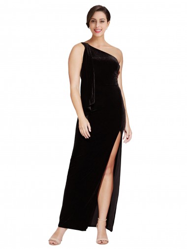Cheap Sleeveless One Shoulder Stretch Velvet Black Long Formal Dress Canada
