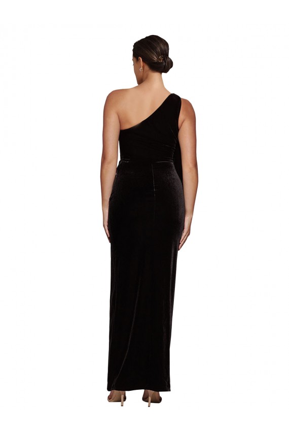 Cheap Sleeveless One Shoulder Stretch Velvet Black Long Formal Dress Canada