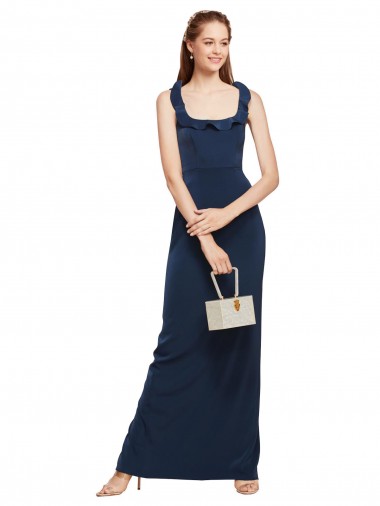 Cheap Sleeveless Scoop Neck Stretch Crepe Dark Navy Long Formal Dresses Canada