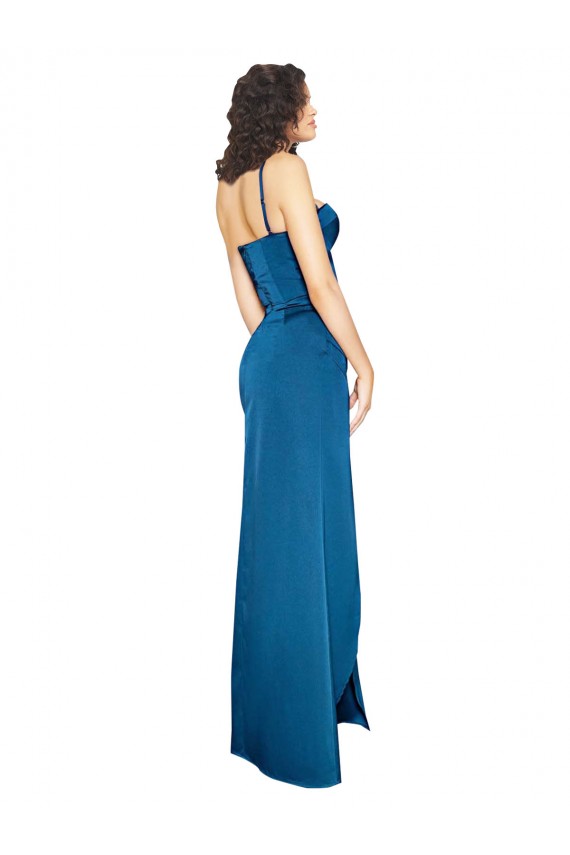 Cheap Sleeveless Spaghetti Straps Silky Satin Peacock Blue Long Formal Dress Canada