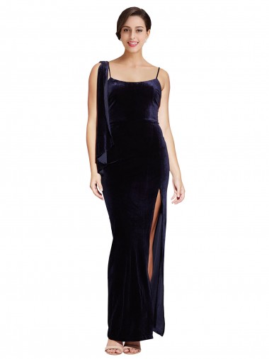 Cheap Sleeveless Square Neck Stretch Velvet Dark Navy Long Formal Dress Canada