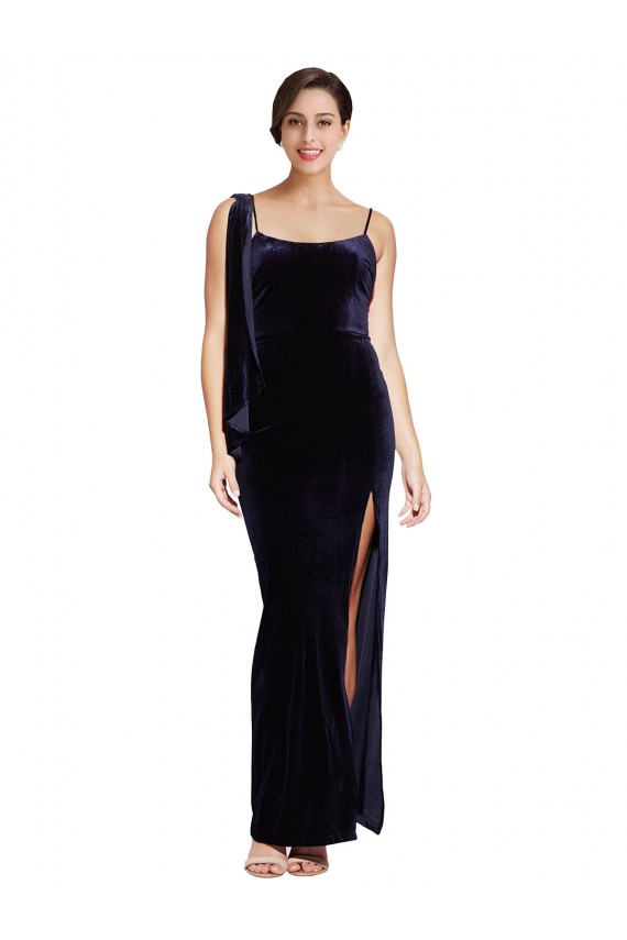 Cheap Sleeveless Square Neck Stretch Velvet Dark Navy Long Formal Dress Canada