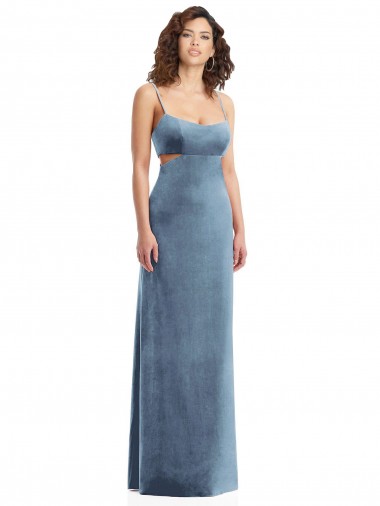Cheap Sleeveless Square Neck Stretch Velvet Dusty Blue Long Formal Dress Canada