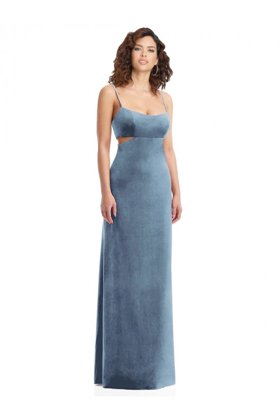 Cheap Sleeveless Square Neck Stretch Velvet Dusty Blue Long Formal Dress Canada