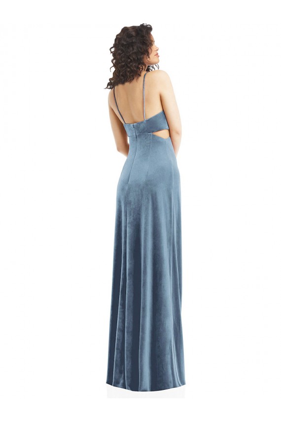 Cheap Sleeveless Square Neck Stretch Velvet Dusty Blue Long Formal Dress Canada