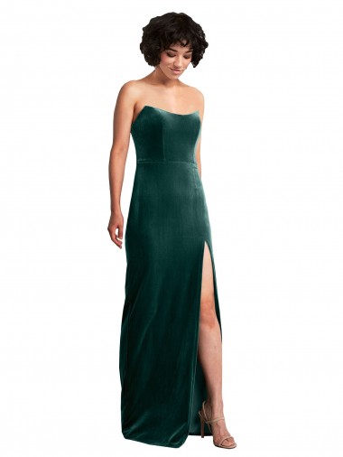 Cheap Sleeveless Strapless Stretch Velvet Dark Green Long Black Tie Formal Dress Canada