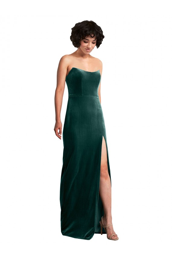 Cheap Sleeveless Strapless Stretch Velvet Dark Green Long Black Tie Formal Dress Canada