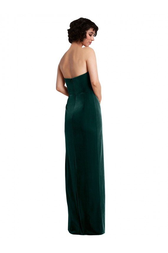 Cheap Sleeveless Strapless Stretch Velvet Dark Green Long Black Tie Formal Dress Canada