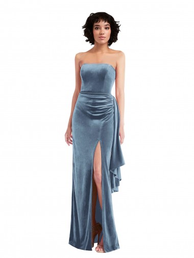 Cheap Sleeveless Strapless Stretch Velvet Dusty Blue Long Formal Dress Canada
