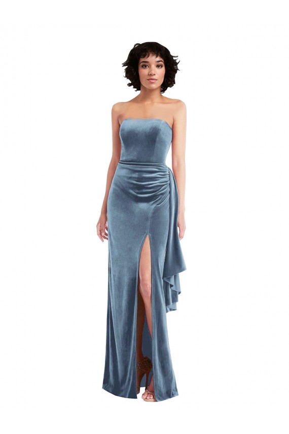 Cheap Sleeveless Strapless Stretch Velvet Dusty Blue Long Formal Dress Canada