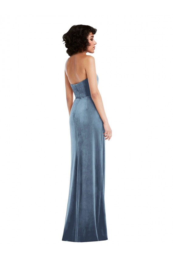 Cheap Sleeveless Strapless Stretch Velvet Dusty Blue Long Formal Dress Canada