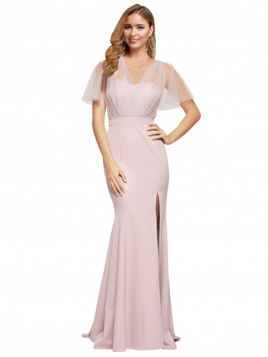 Cheap Short Sleeves Sweetheart Stretch Crepe & Tulle Mauve Long Formal Dress Canada
