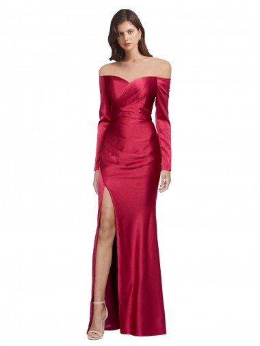 Cheap Long Sleeves Sweetheart Stretch Satin Dark Red Long Formal Dress Canada