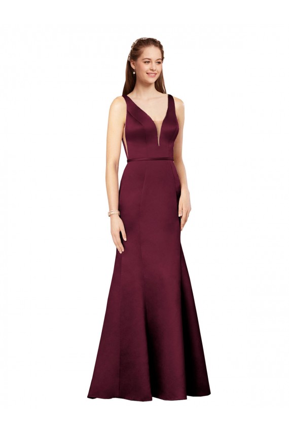 Cheap Sleeveless V-Neck Satin Burgundy Long Formal Dresses Canada